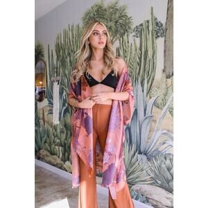 Womens Floral Motif Combo Kimono Duster Open Front Boho 42" x 34.5" OSFM Beach